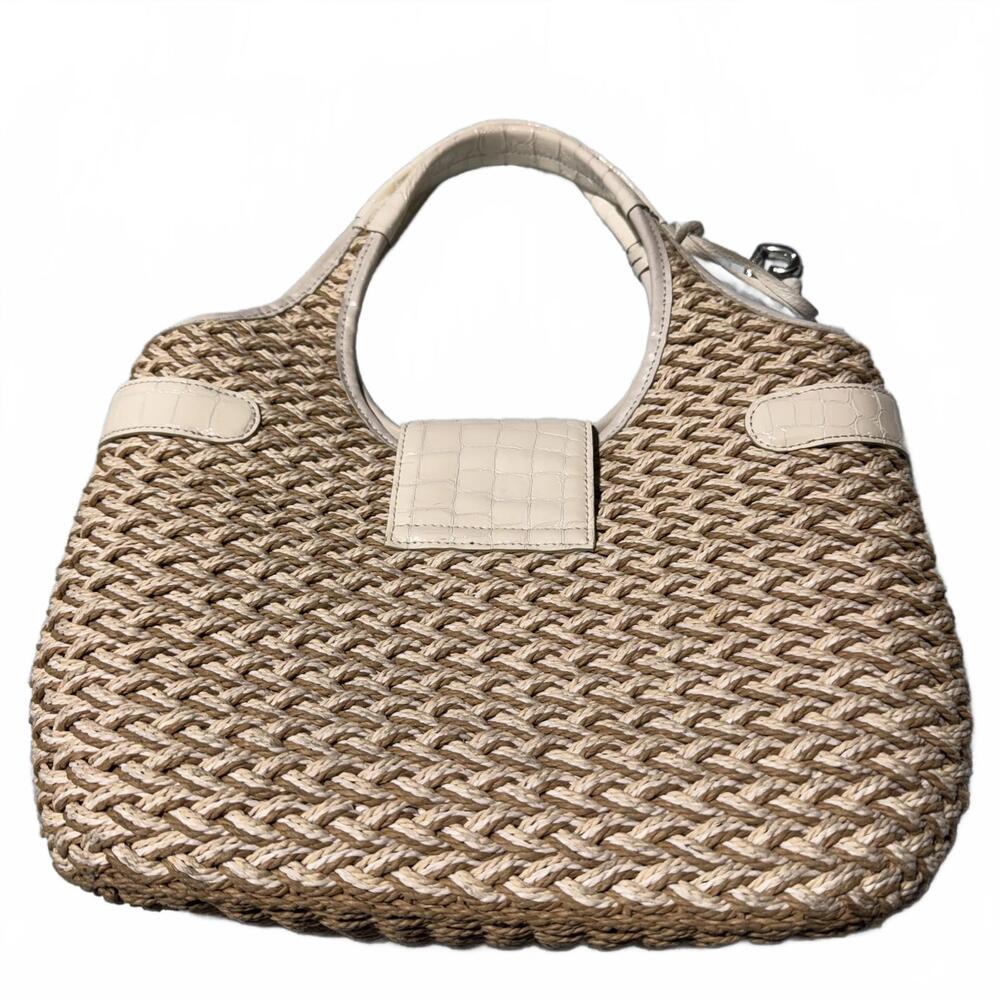 Brighton Large Woven Raffia Faux Croc Patent Leather Top Handle Bag - Picture 2 of 4